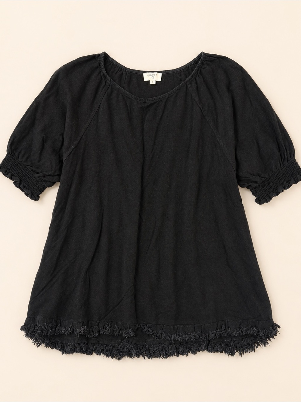 Umgee Black Linen Cotton Frayed Hem Balloon Sleeve Tunic Top Size M